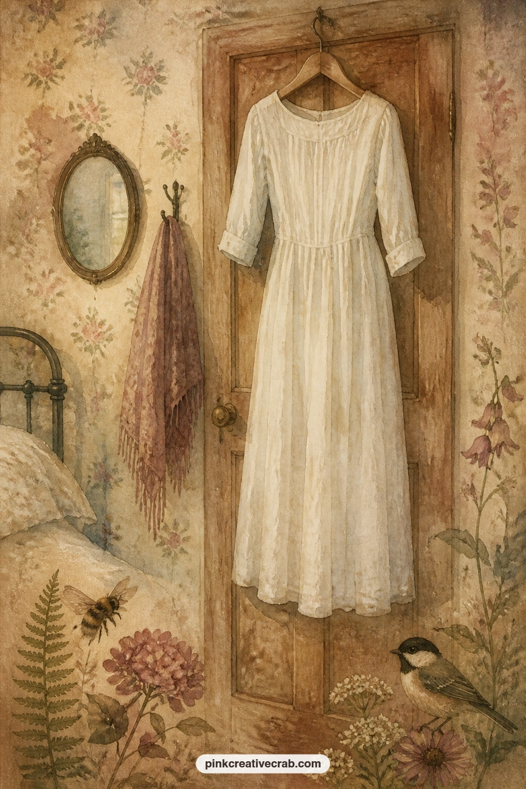 White Dress On Closet Door printable page — A plain white dress hangs on a closet door, simple enough to read as everyday or ceremonial depending on what story