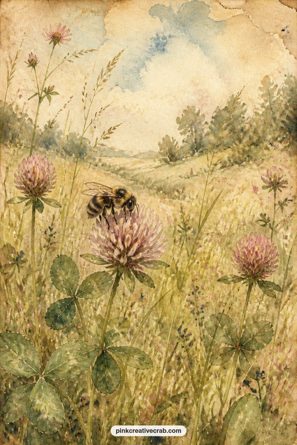 Bee On Clover In Meadow printable page — The usual mistake with a meadow page is cramming it with too many flowers until the bee disappears, so keep the clover
