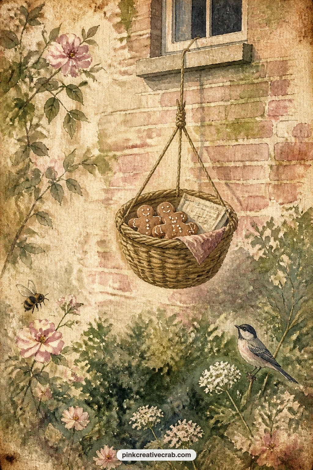 Basket Lowered With Gingerbread printable page — Think of this page for the reader in your gift journal who loves a small surprise tucked into daily life