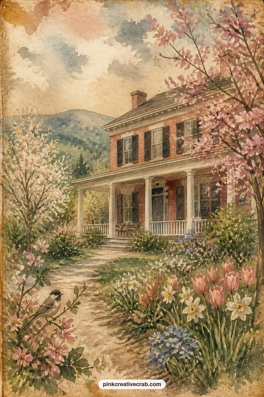 The Homestead In Spring printable page — What would you ask this house if it could answer: a question about the garden it has watched grow, or about who last