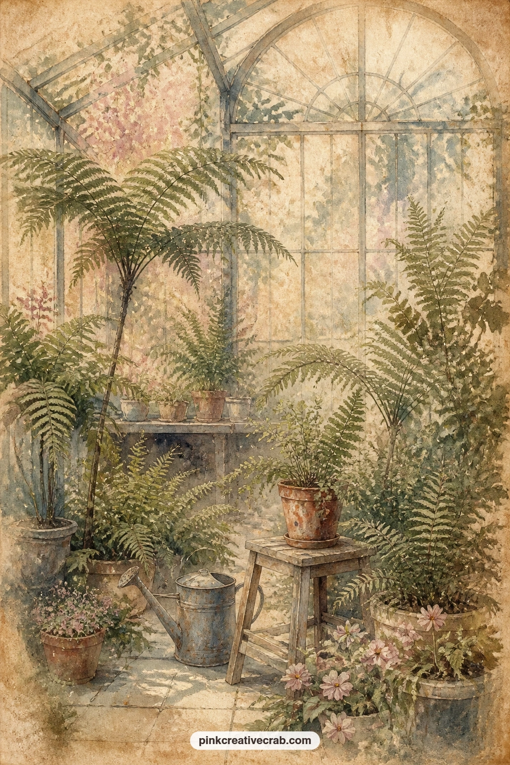 Garden Conservatory With Ferns printable page — Tear the edge of this page roughly by hand rather than cutting it straight, since a torn border echoes glass