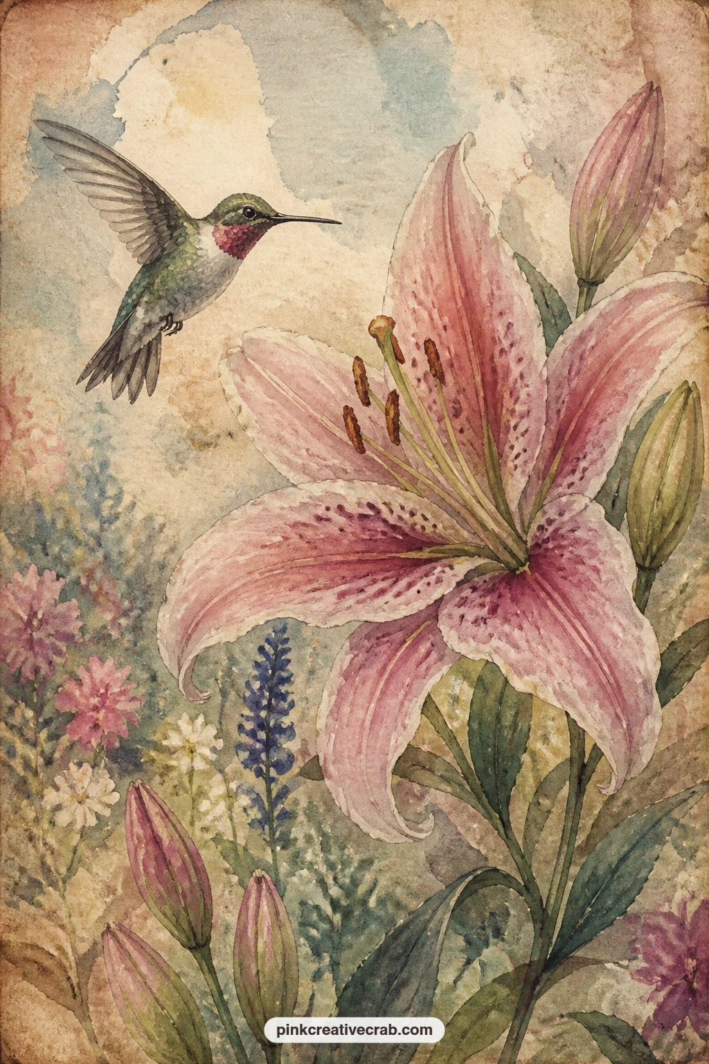 Hummingbird At A Lily printable page — Ninety seconds of wingbeat and a lily trumpet wide open make the whole scene, with a scatter of smaller buds and leaves