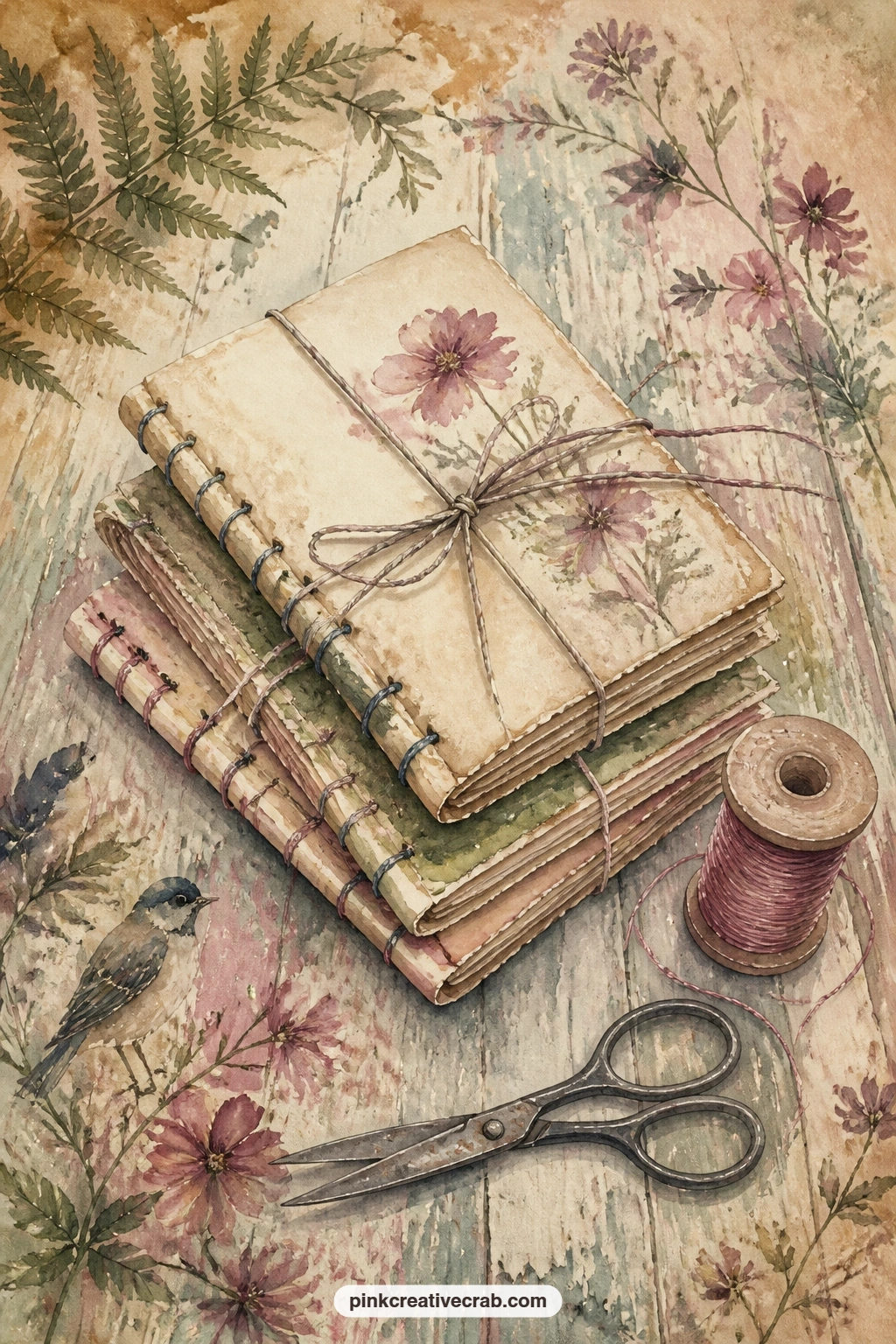 Hand Sewn Booklets Tied Thread printable page — Stack this page beside the lamp and pen scene later in the journal, since both pages share the quiet work of
