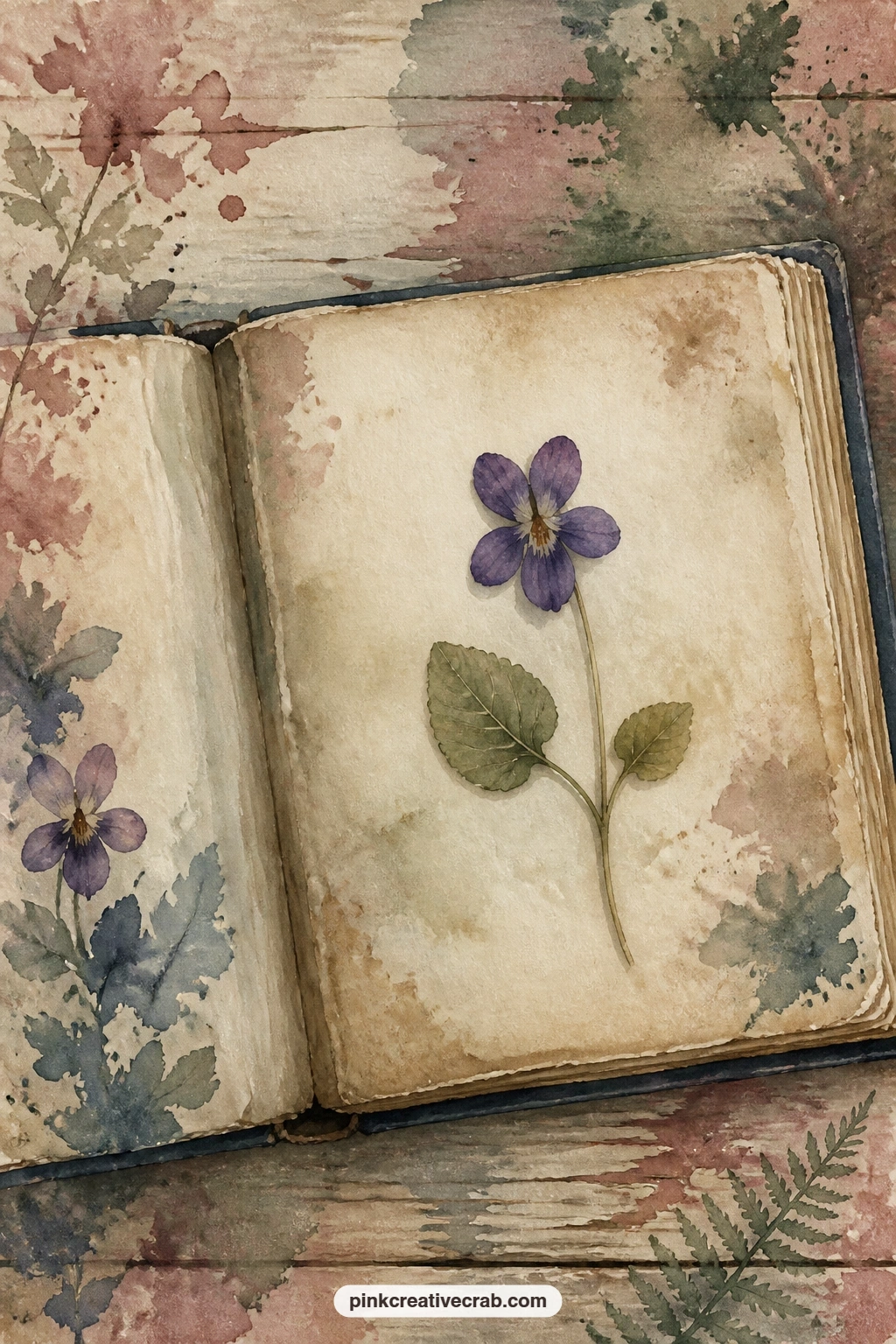 Pressed Violet In A Book printable page — A single pressed violet lies flat inside an open book, its faint shadow and the worn page edges around it carrying