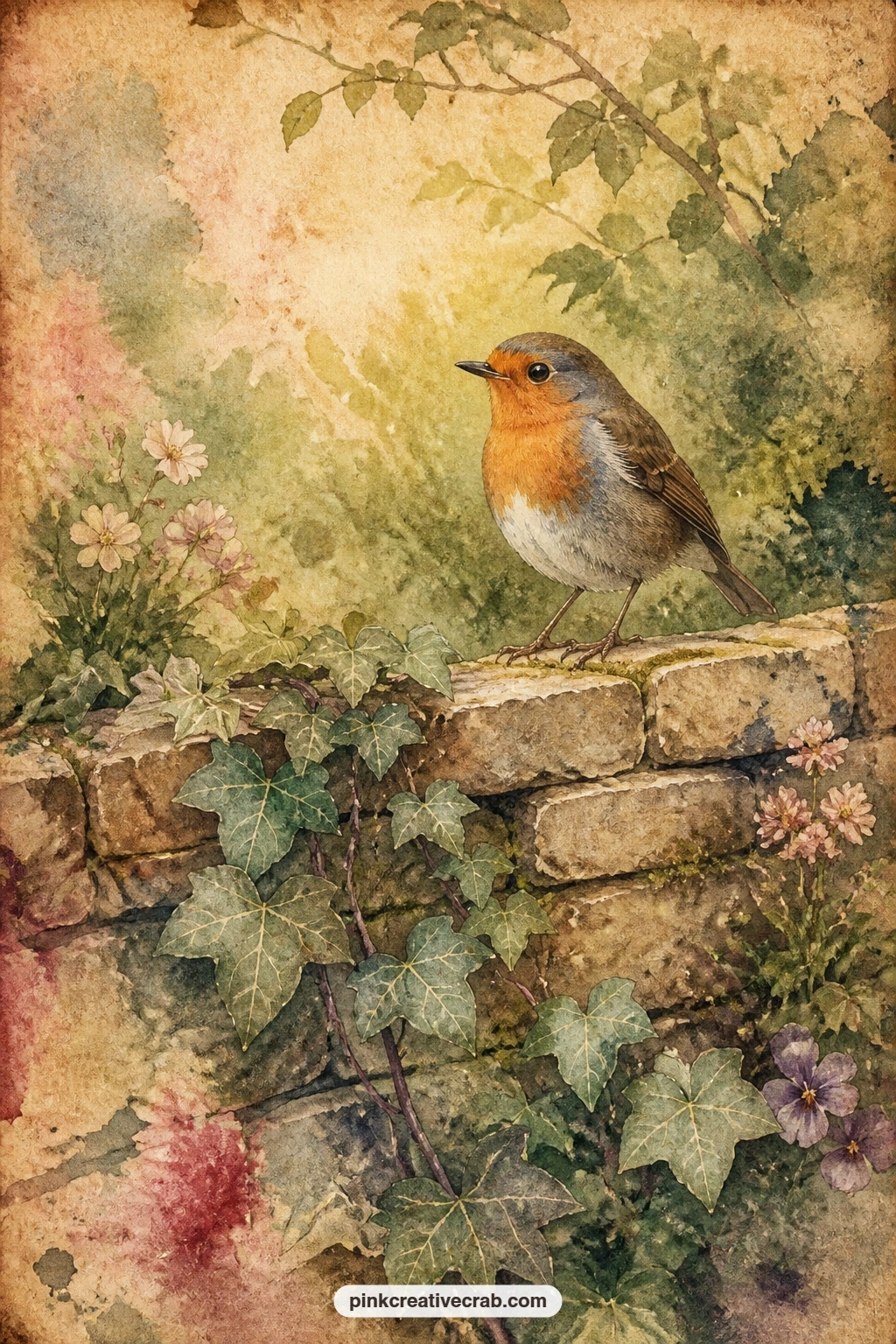 Robin On Garden Wall printable page — For the five minute version, paint or trace just the robin and a short stretch of stone wall, then let a quick wash of