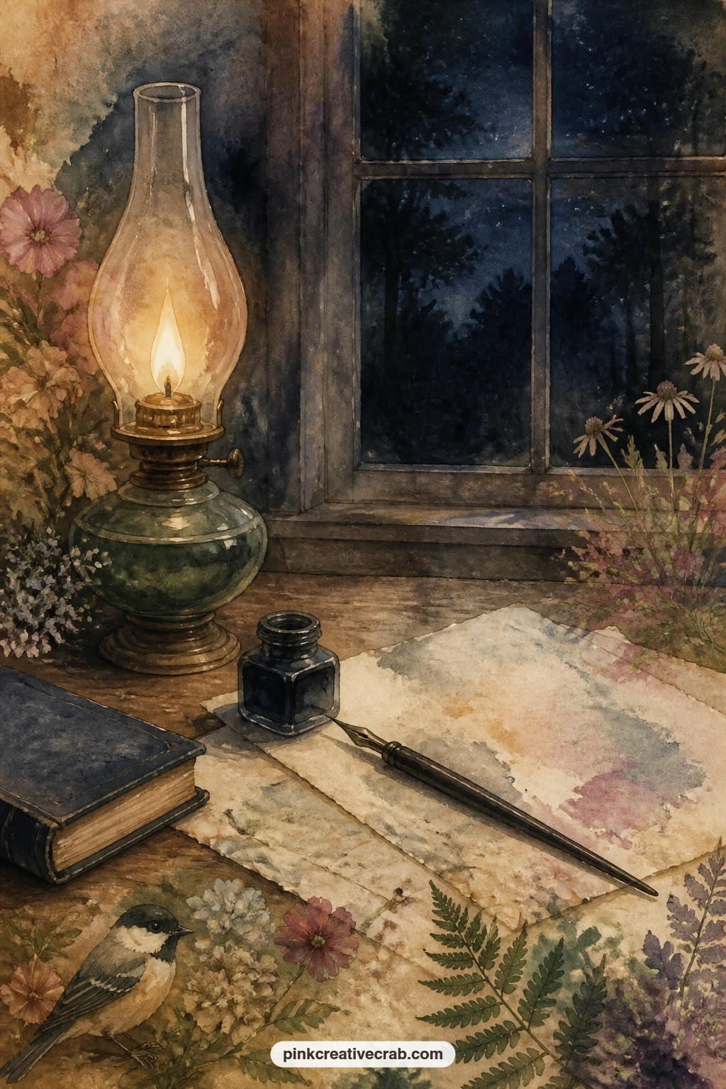 Lamp And Pen At Night printable page — Give this page a window cut into the desk surface, with a smaller painted scene of stars or a dark garden peeking