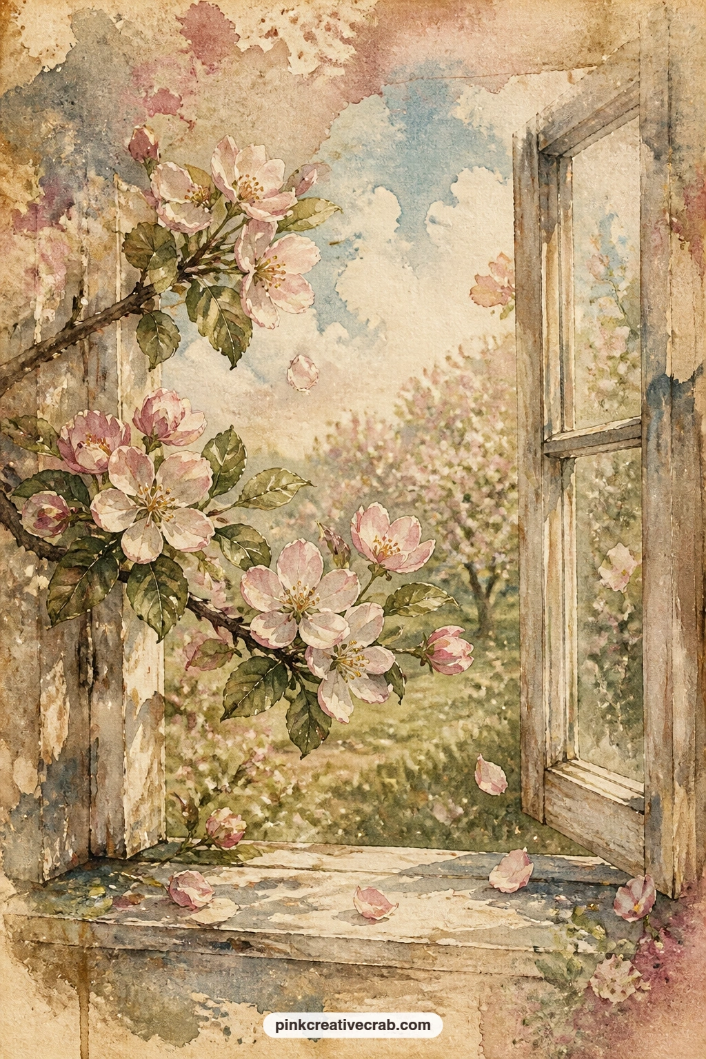 Apple Blossoms By Window printable page — A branch of apple blossoms reaches past an open window frame, with a few petals drifting loose and a soft orchard