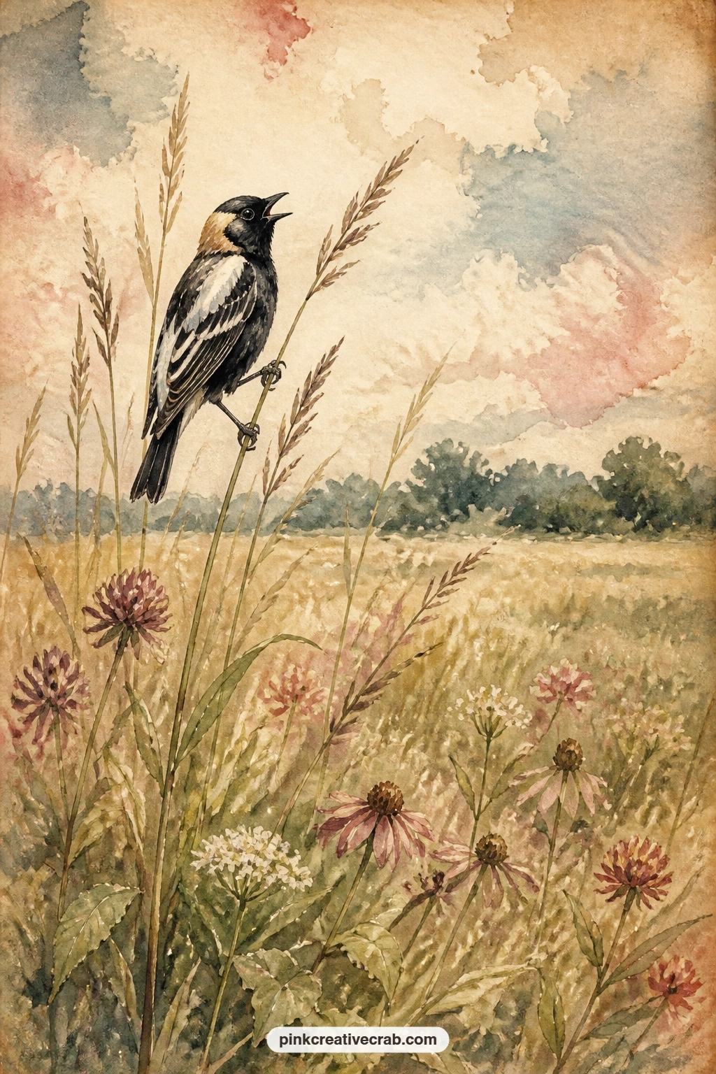 Bobolink Singing In Field printable page — Try this prompt for the entry you write here: what sound from outdoors do you notice most without ever quite