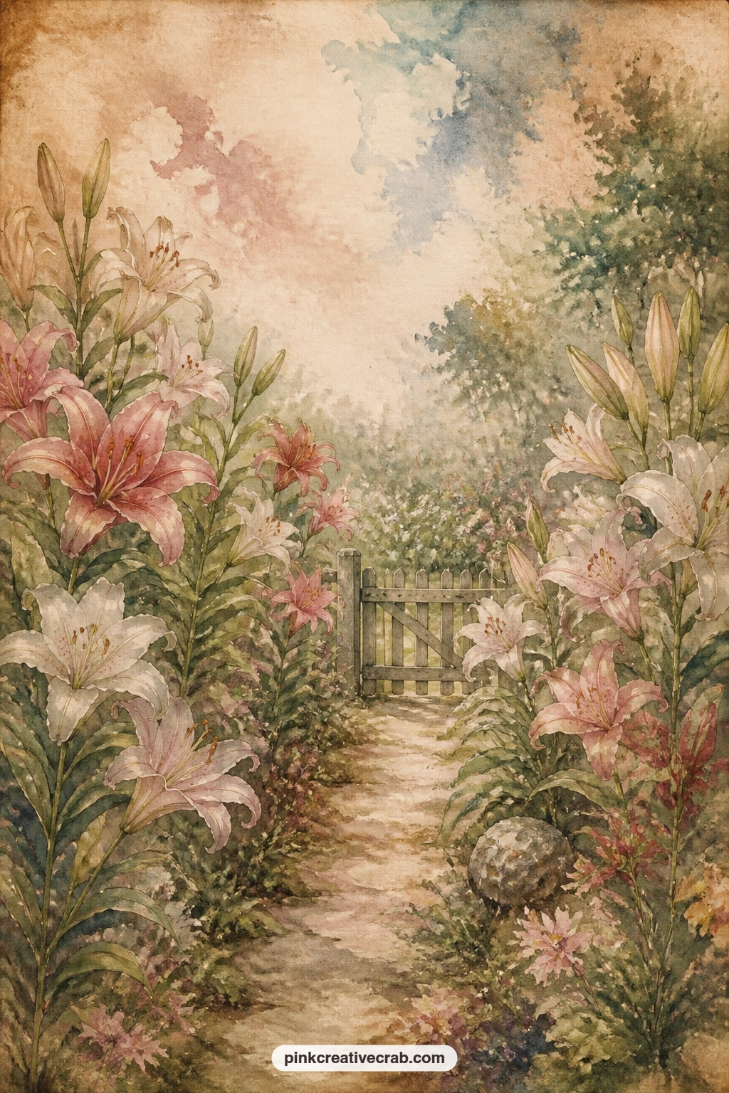 Garden Path Lined Lilies printable page — Pair this path with the bee and clover background from this set, using a strip of that pattern as a border strip