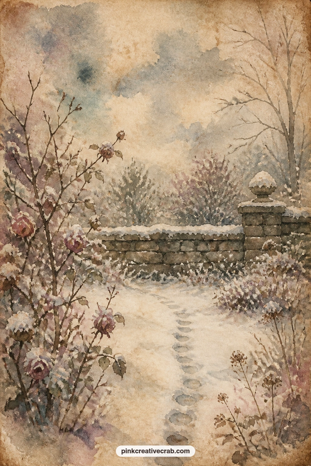 Snow On Garden Winter printable page — Give the reader who loves a quiet season this page, since bare branches under snow and a single set of footprints suit a