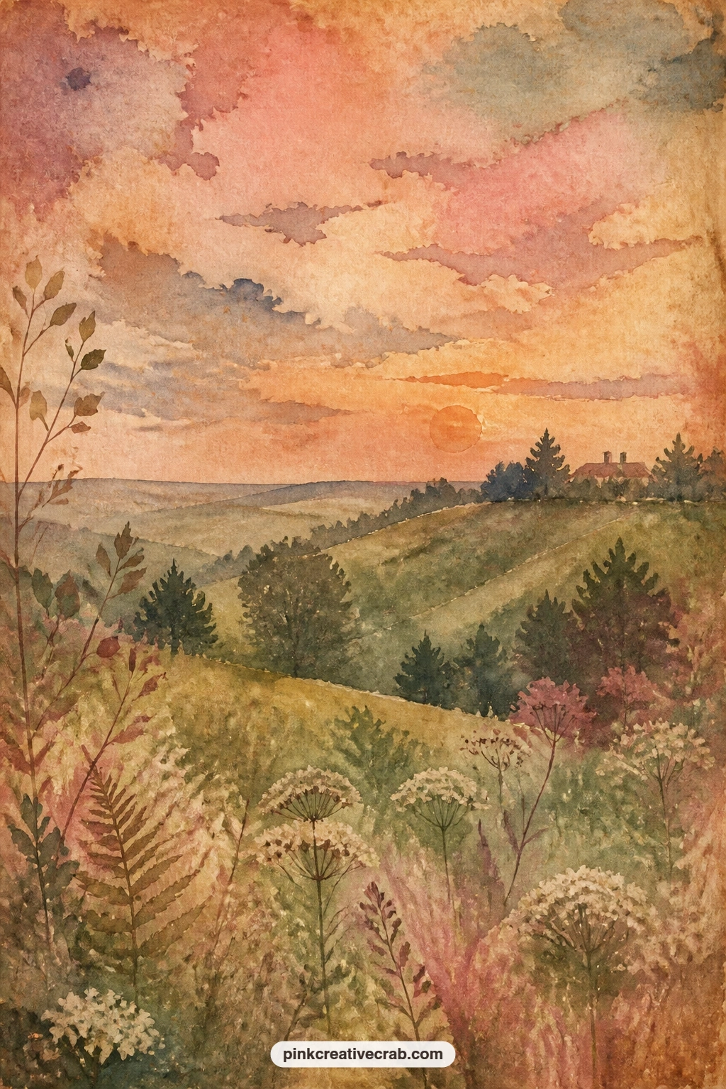 Sunset Over Amherst Hills printable page — Rolling hills catch the last color of the day while a scatter of trees and a distant rooftop or two sit quietly