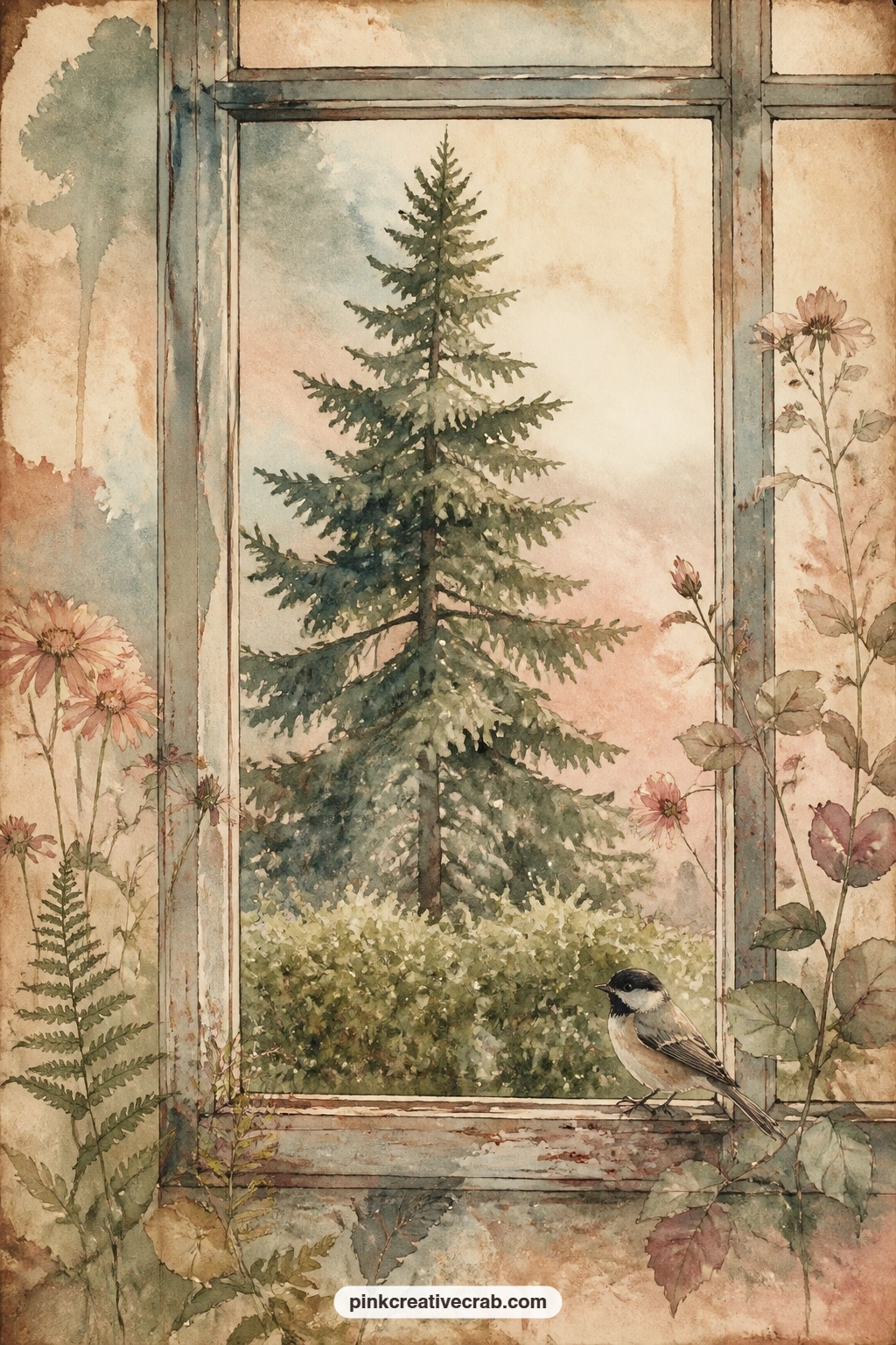 Pine Tree Outside Window printable page — The usual mistake with a single tree page is leaving too much bare sky around it, so bring in a low hedge, a bird or