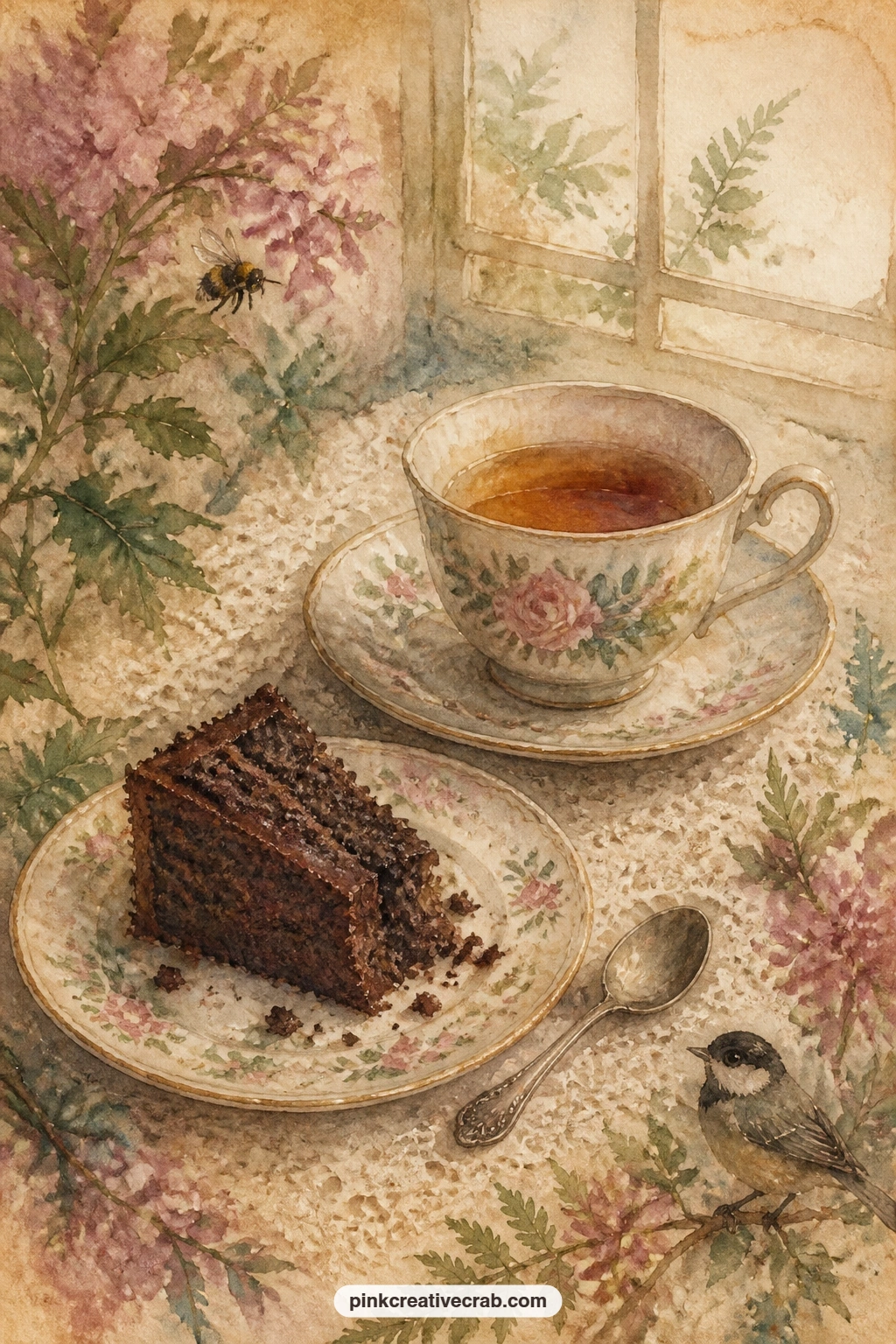 Tea And Black Cake printable page — Tuck a small recipe card behind this page, whether for the black cake itself or for a favorite tea blend, so the page