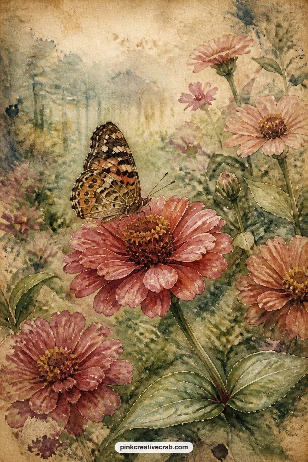 Butterfly On Zinnia printable page — A butterfly rests on a bright zinnia bloom, with a few more zinnias and loose leaves filling the garden bed painted around