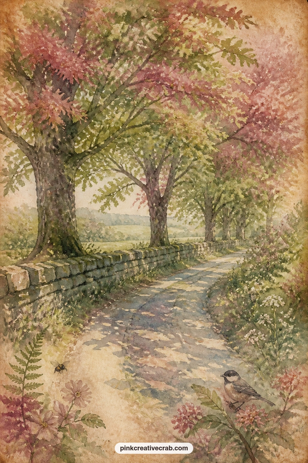 Carriage Road Under Maples printable page — Tea-stain just the edges of this page before gluing it in, since a warm ring of color along a quiet road scene