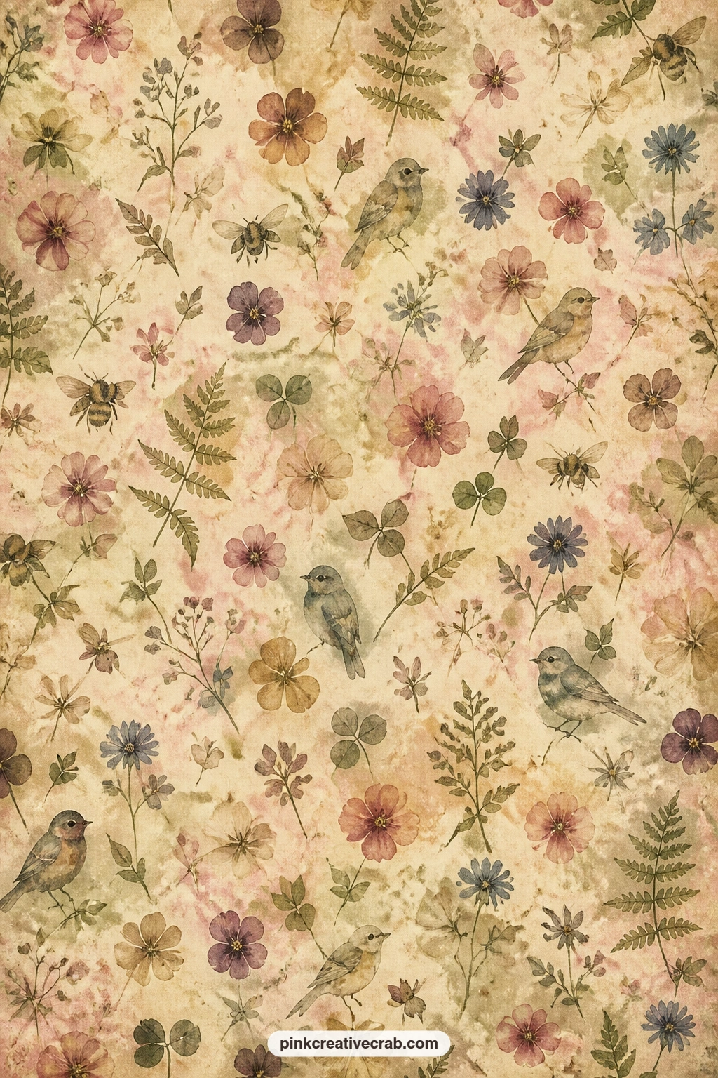 Pressed Flower Collage Pattern printable page — Use this pattern under a photo for a soft botanical mat, as a pocket lining tucked behind a herbarium page, or