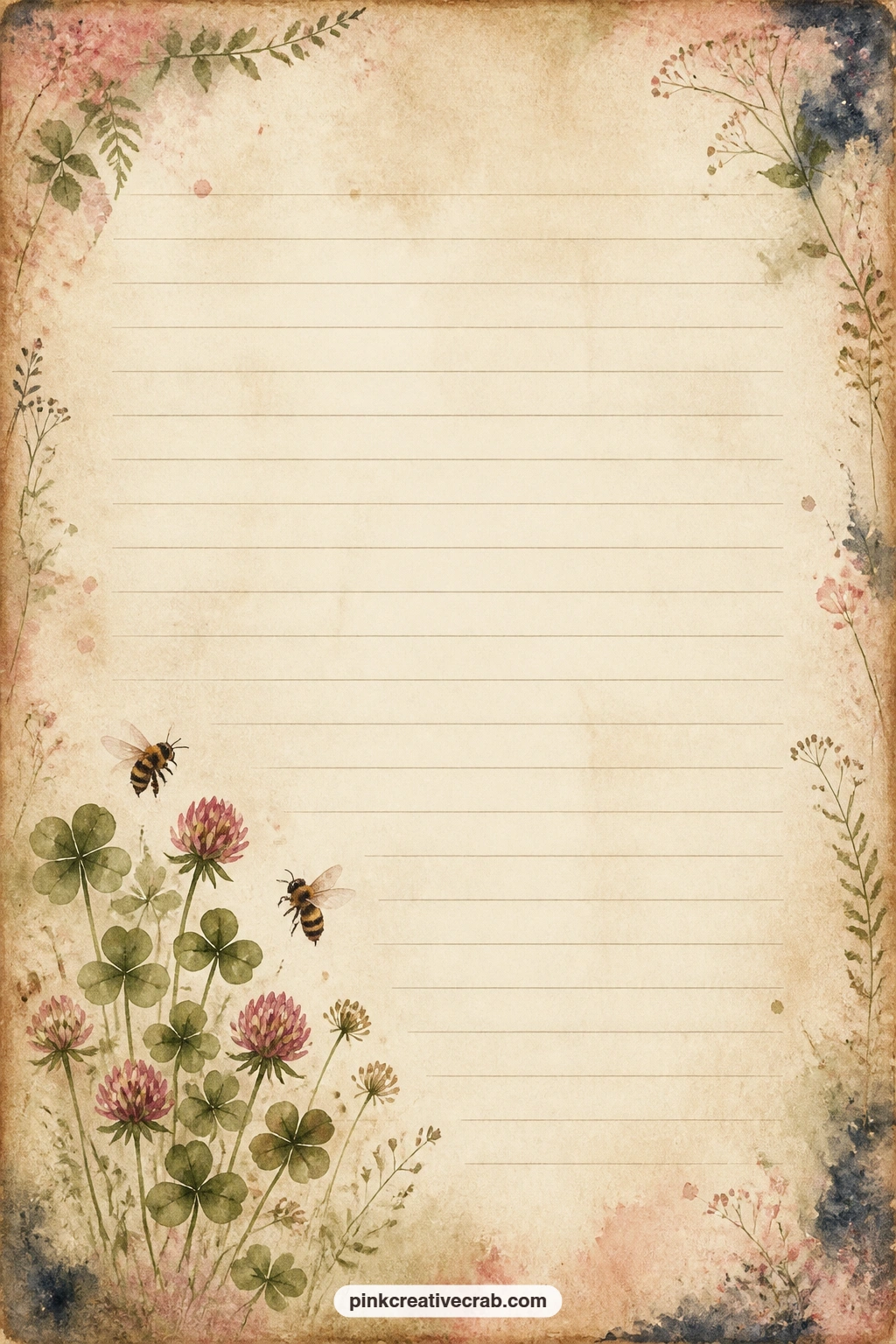 Bee Corner Lined Page printable page — Write a garden task list here, a few lines about the weather that day, or a short note tucked in for whoever receives