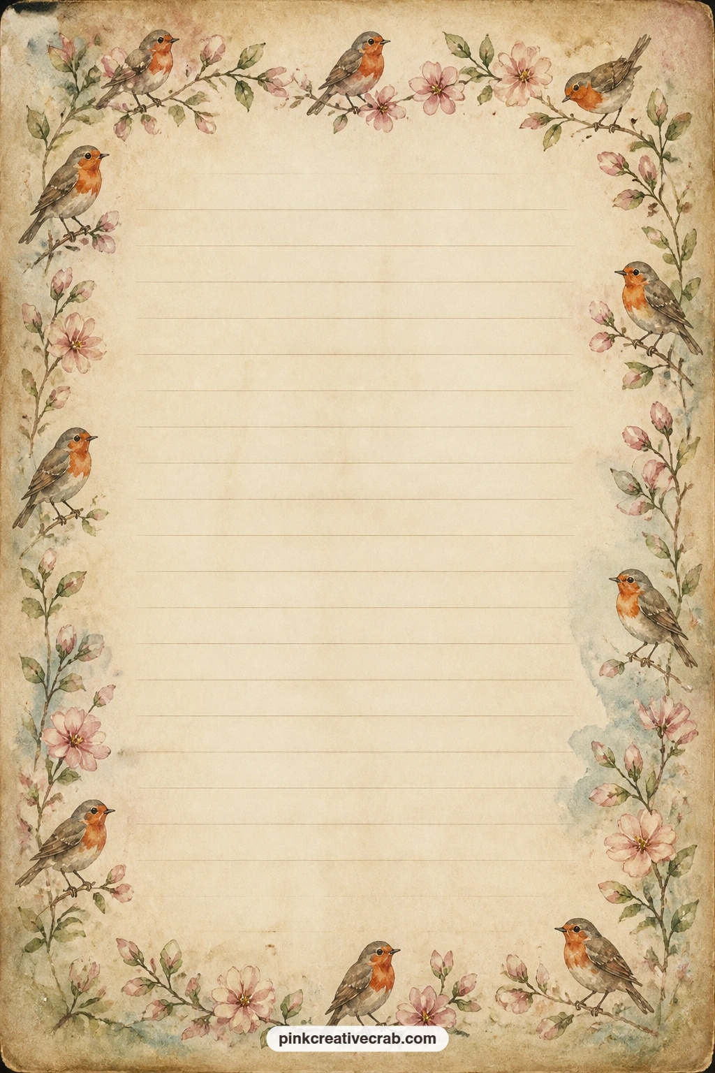 Robin And Blossom Frame Lined Page printable page — Jot a short bird-watching log on this page, a few favorite lines about spring, or a simple gift list for