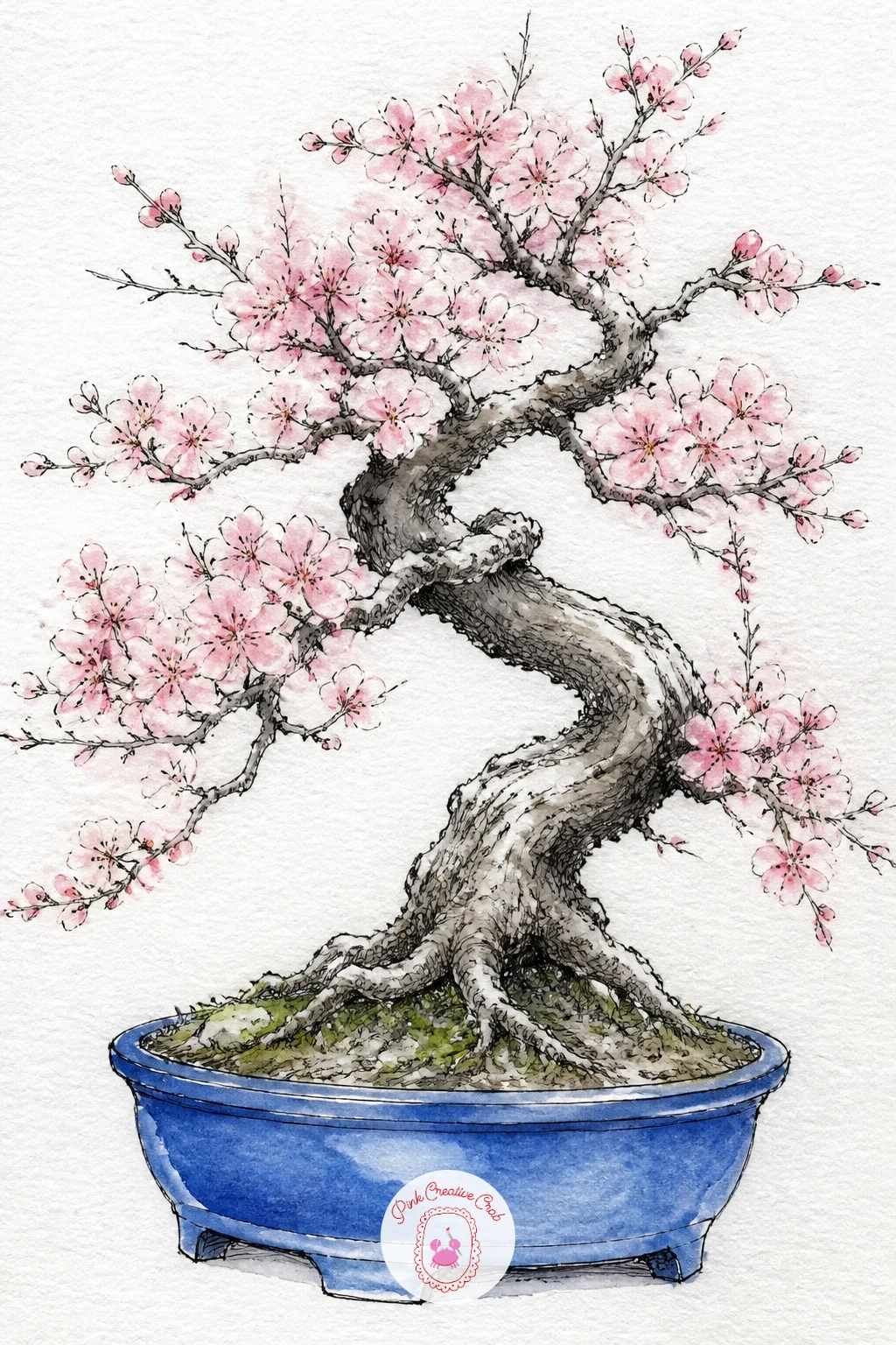 Cherry Blossom Bonsai in a Blue Pot — Give a cherry blossom bonsai its moment by pairing soft pink flowers against a confidently blue pot. Bonsai tree drawing