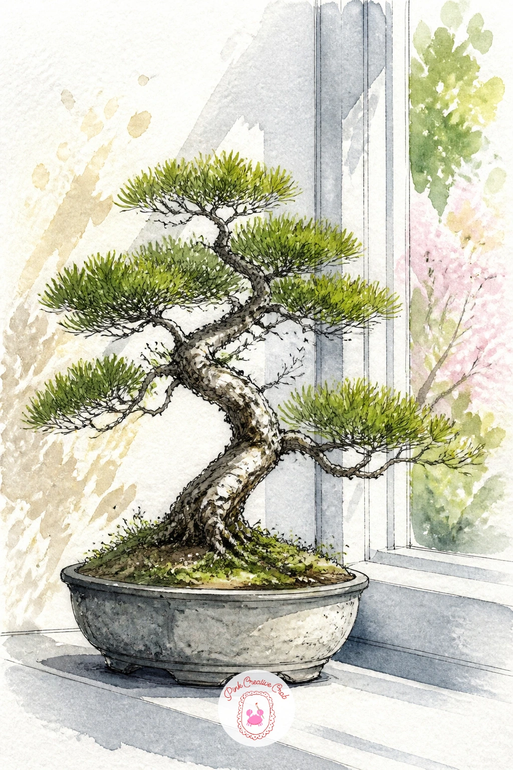 Bonsai on a Sunny Windowsill — Bring the tree indoors with a bonsai resting on a sunny windowsill. Bonsai tree drawing