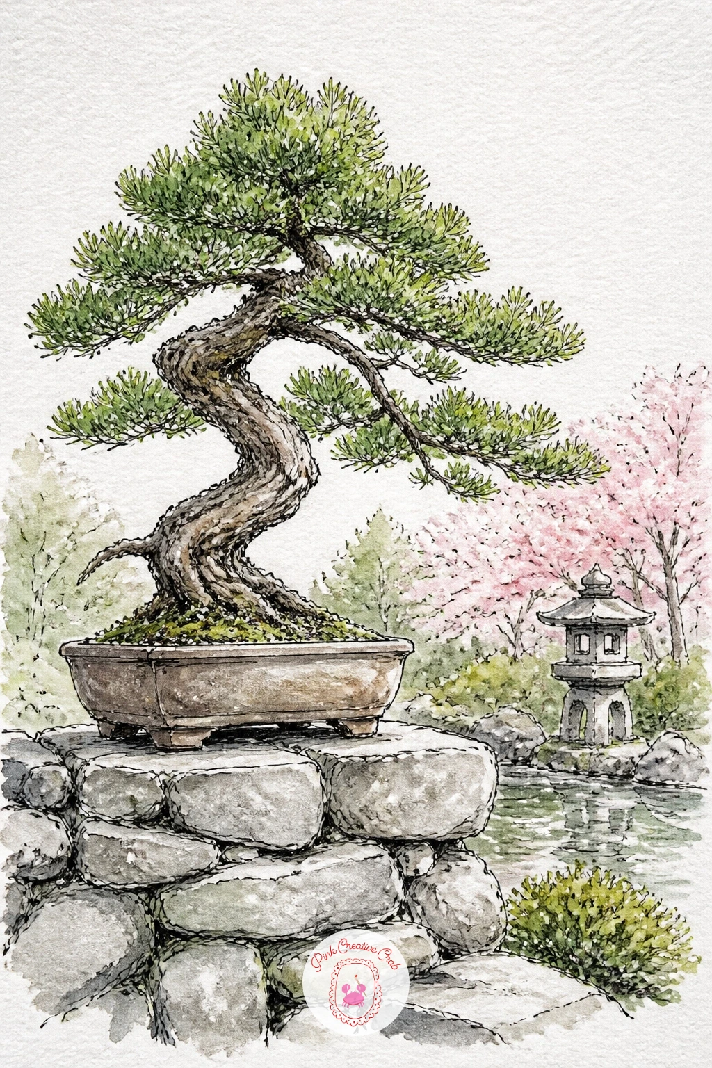 Bonsai on a Stone Wall in a Japanese Garden — Widen the view for a bonsai set on a stone wall within a Japanese garden, letting the setting carry more weight