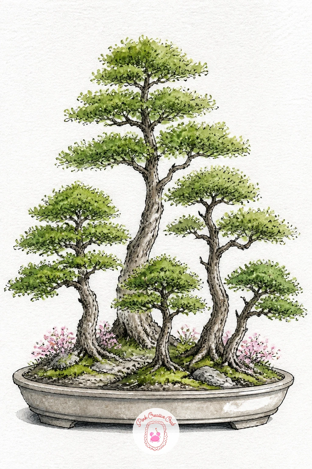 Bonsai Forest of Several Small Trees — Multiply your tree for a bonsai forest planting, where several small trunks share one shallow tray rather than each