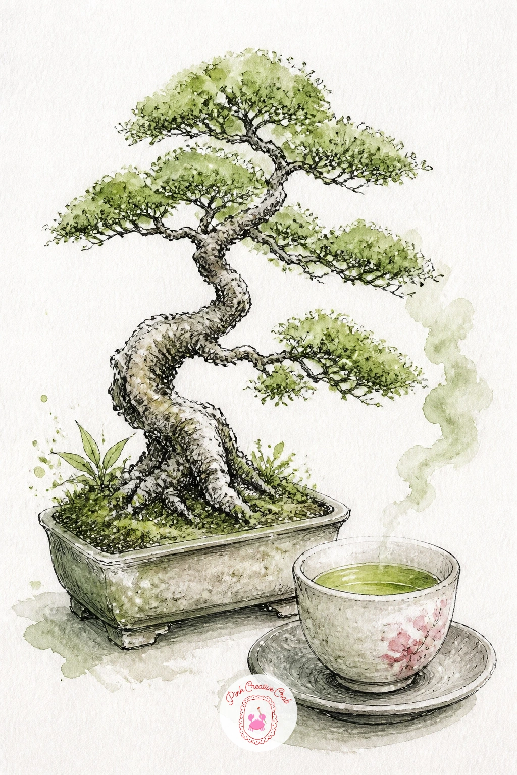 Bonsai Beside a Cup of Green Tea — Give the tree some quiet company with a bonsai sitting beside a cup of steaming green tea. Bonsai tree drawing