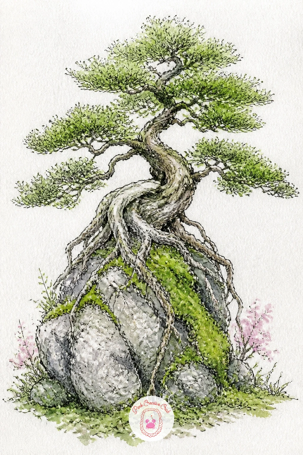 Bonsai on a Rock With Moss — Root the tree directly into stone for a bonsai grown on a rock, its visible roots gripping the surface before reaching down into a