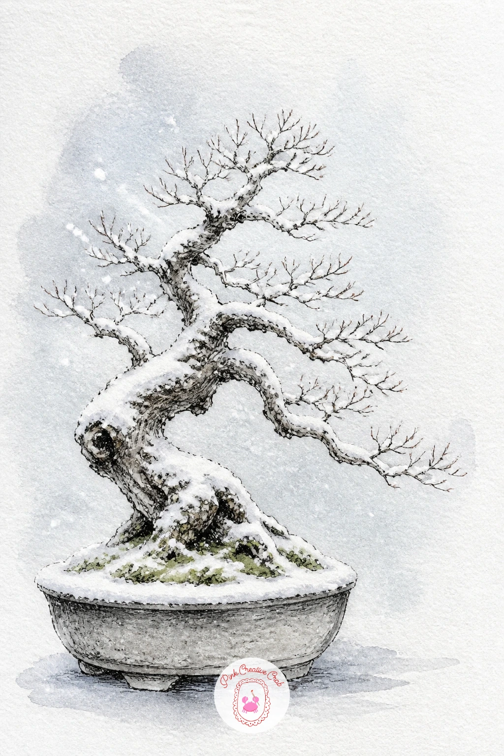 Bonsai in the Snow — Strip the color back almost entirely for a bonsai in the snow, where bare paper does most of the work. Bonsai tree drawing