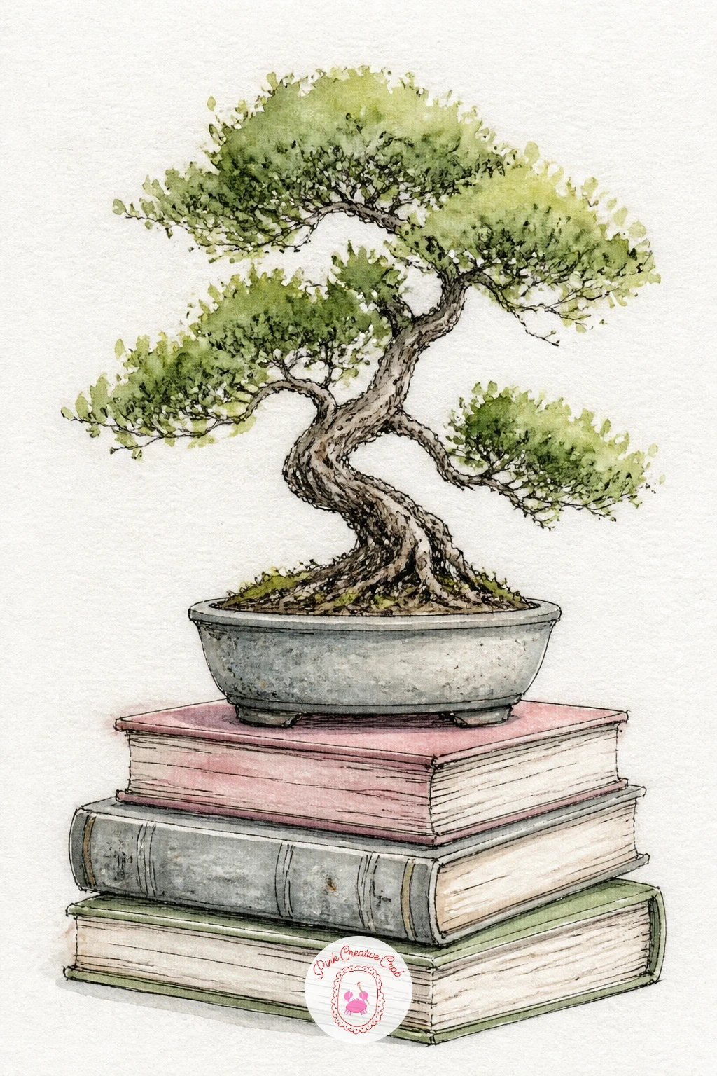 Bonsai on a Desk With Books — Set the tree among everyday clutter for a bonsai sharing a desk with a small stack of books. Bonsai tree drawing