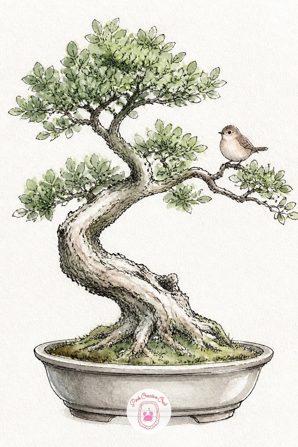 Bonsai With a Little Bird Perched On It — Add a visitor to your next bonsai with a small bird perched among its branches. Bonsai tree drawing