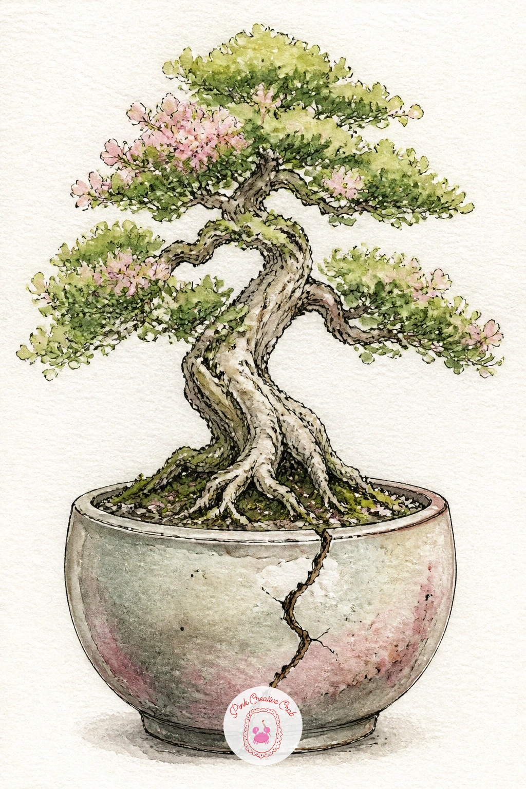 Bonsai in a Round Ceramic Pot With a Crack — Give the container its own character with a bonsai in a round ceramic pot that carries a visible crack, the kind