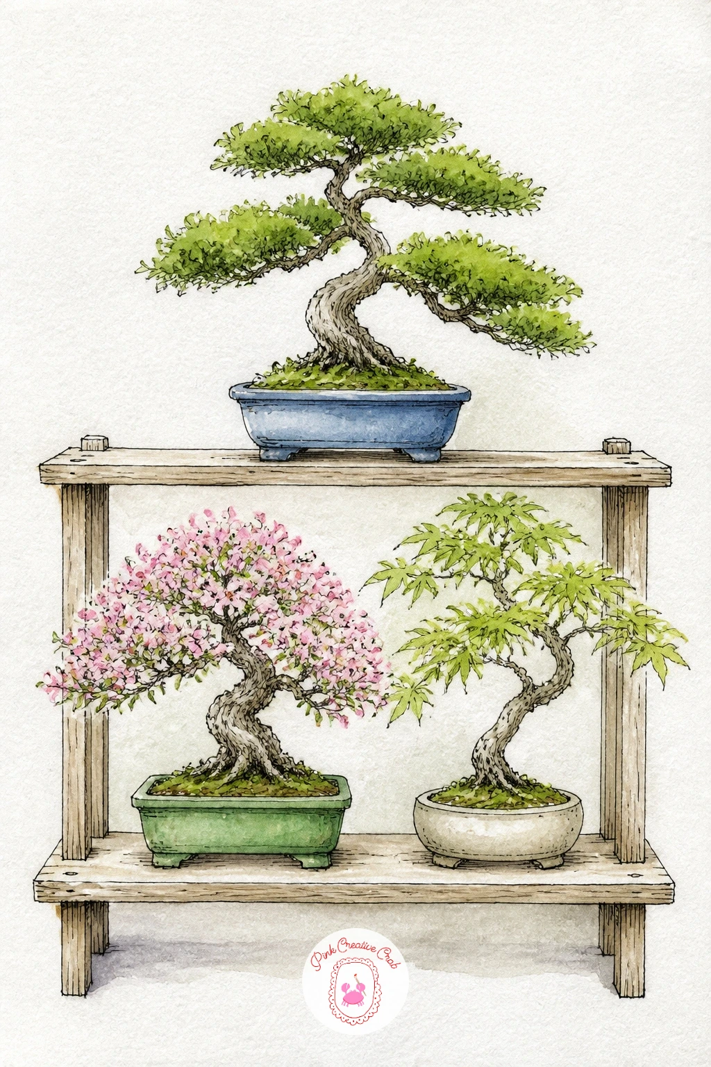 Bonsai Shelf in a Nursery — Zoom out for a bonsai shelf scene, several pots lined up as they would sit in a nursery or grower's display. Bonsai tree drawing