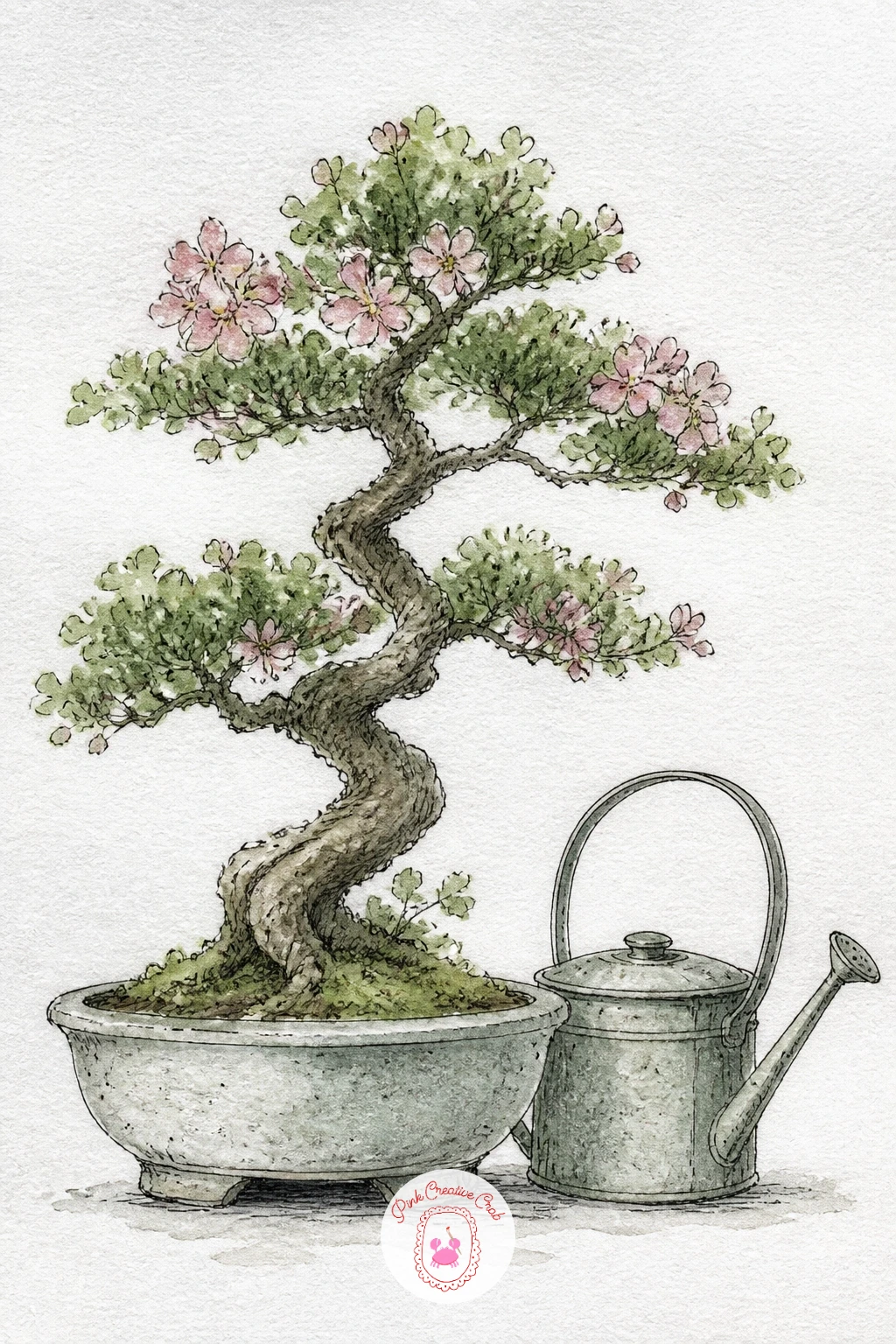 Bonsai Next to a Watering Can — Pair the tree with its own tool for a bonsai sitting beside a small watering can. Bonsai tree drawing