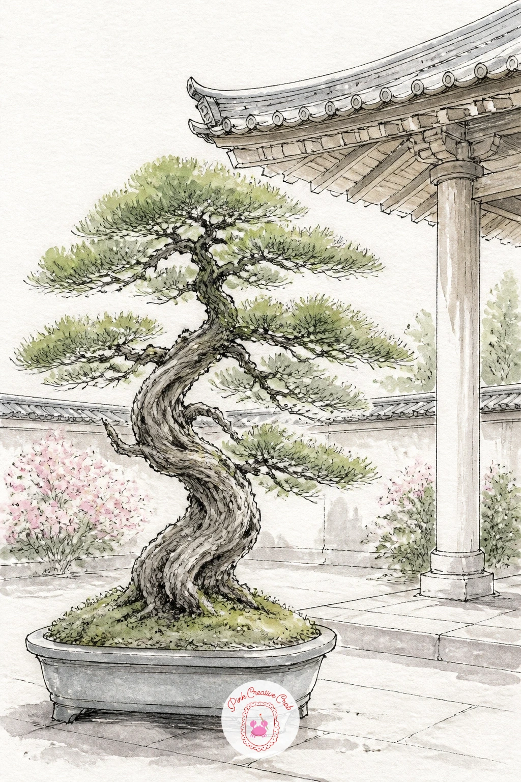 Bonsai in a Temple Courtyard — Widen the setting once more for a bonsai placed in a temple courtyard, with architecture now framing the tree rather than just a