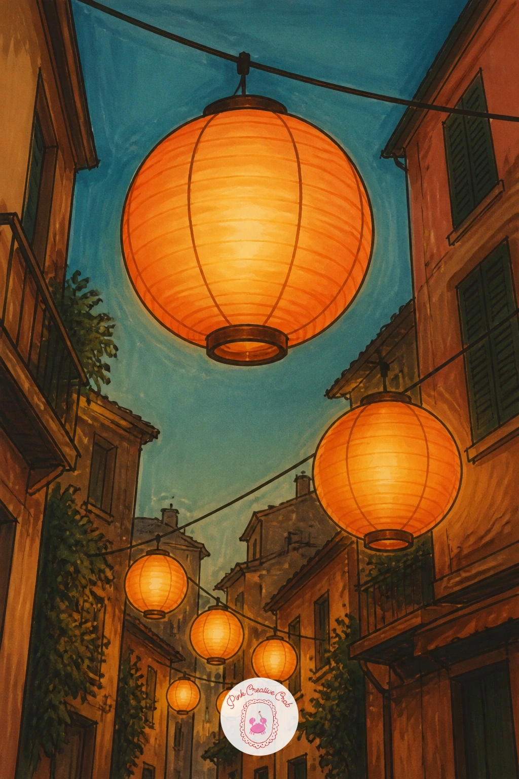 Paper Lanterns Over a Narrow Street — Move from one lantern to a string of them strung across a narrow street between two buildings. Lantern drawing