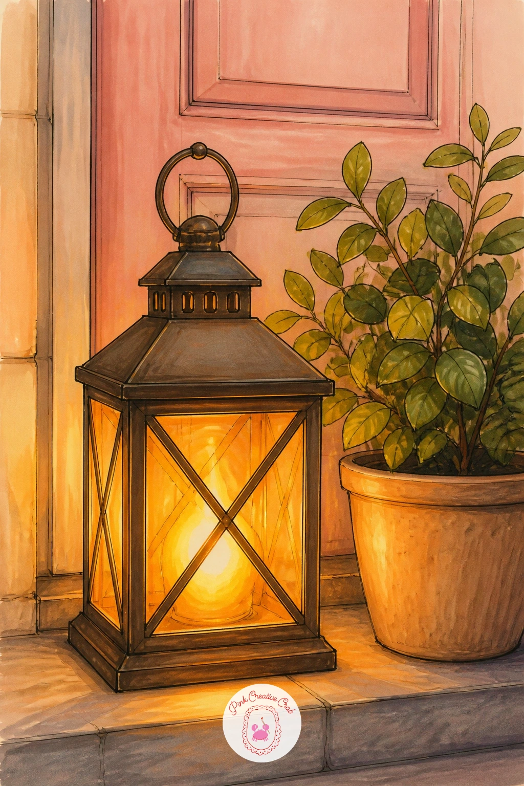 Lantern on a Doorstep Beside a Potted Plant — Bring the scene down to a doorstep, with a lantern sitting beside a potted plant on the step itself. Lantern