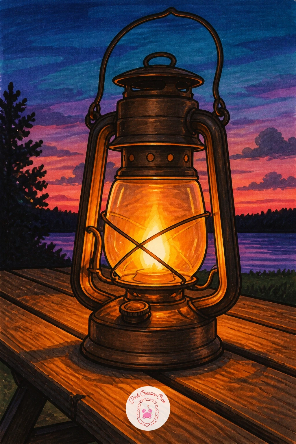 Lantern on a Picnic Table at Dusk — Set the lantern down on a picnic table for a quiet dusk scene, a nice one if you enjoyed the doorstep setup. Lantern drawing