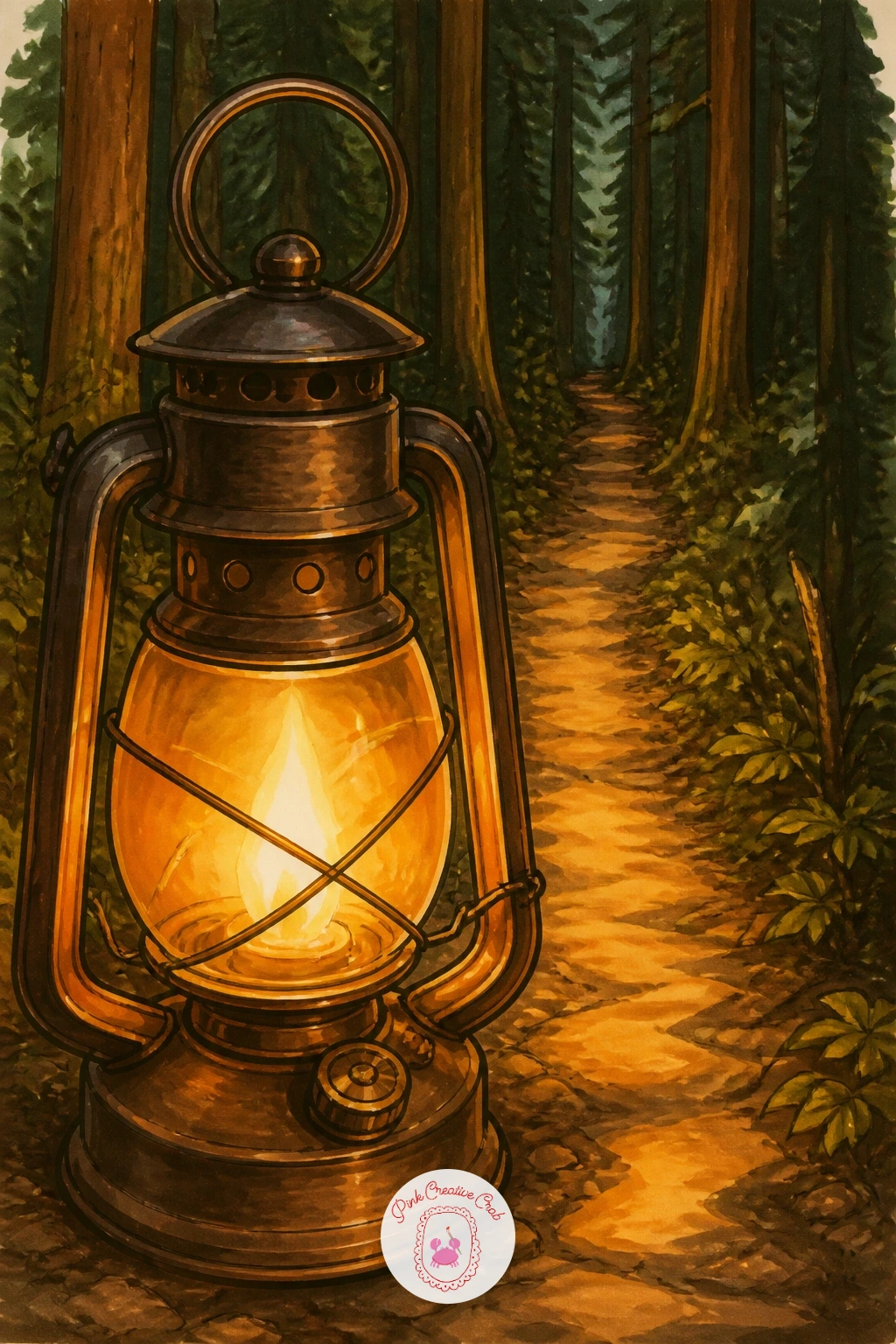 Lantern Lighting a Forest Path — Carry the lantern into a forest path now, held low to light the way between dark tree trunks. Lantern drawing