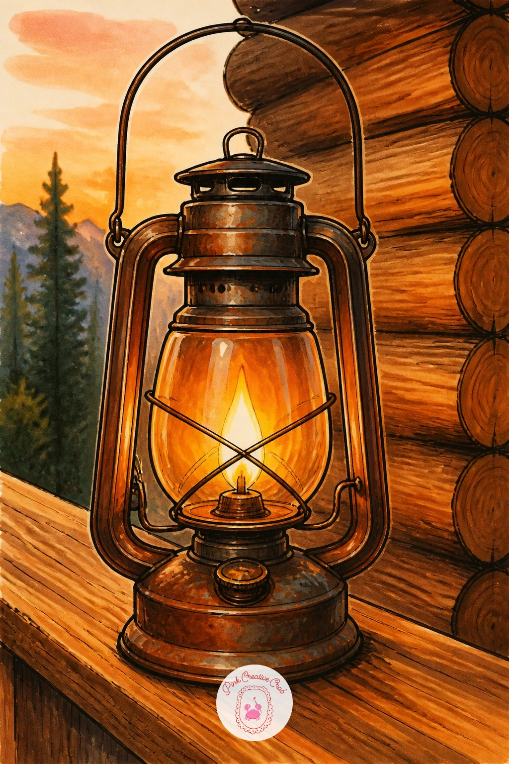 Vintage Oil Lantern on a Cabin Porch — Shift from the forest to a cabin porch and an older style of lantern, the vintage oil kind with a glass chimney and a