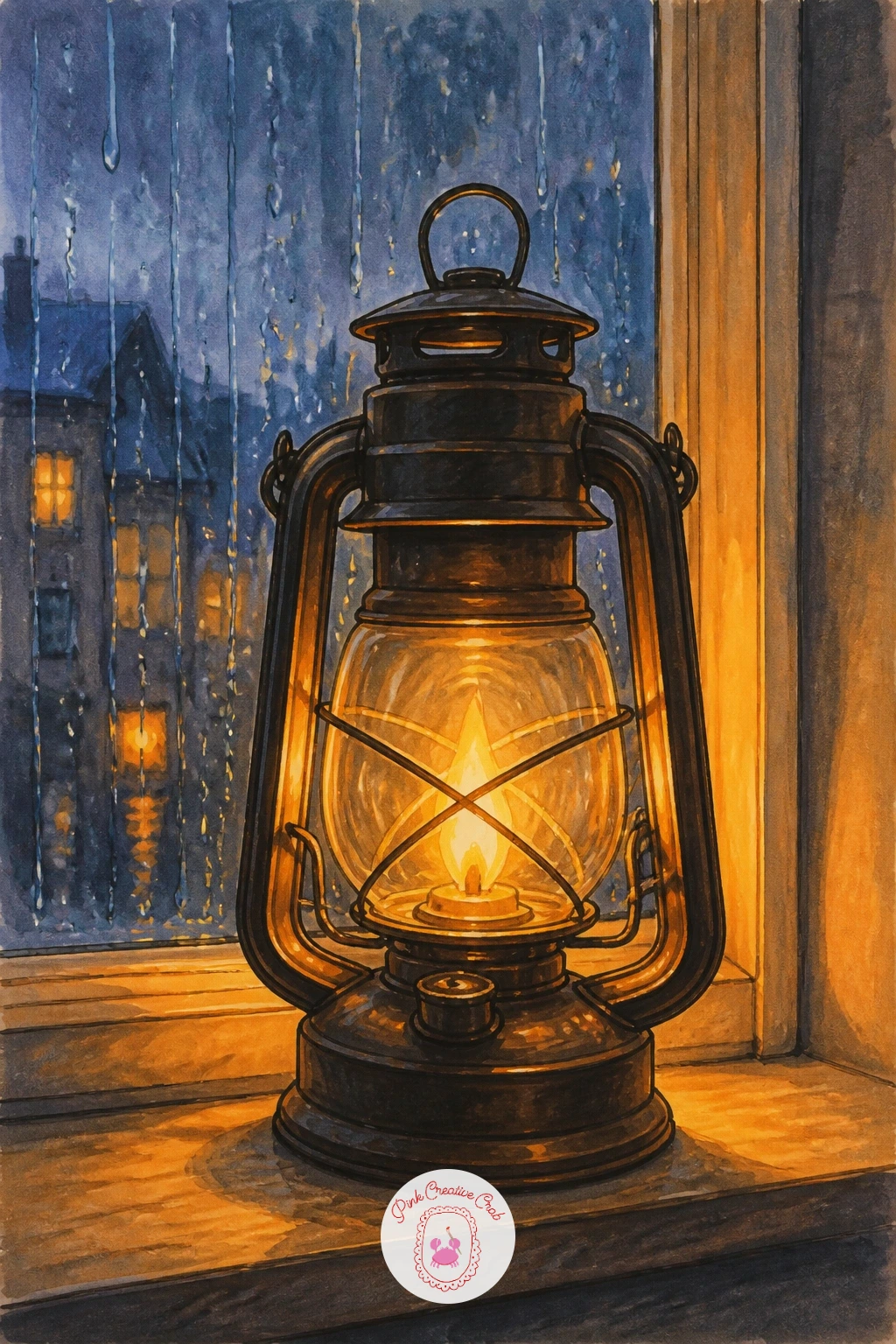 Lantern in a Window on a Rainy Evening — Bring the lantern indoors now, sitting on a windowsill as rain streaks the glass outside. Lantern drawing