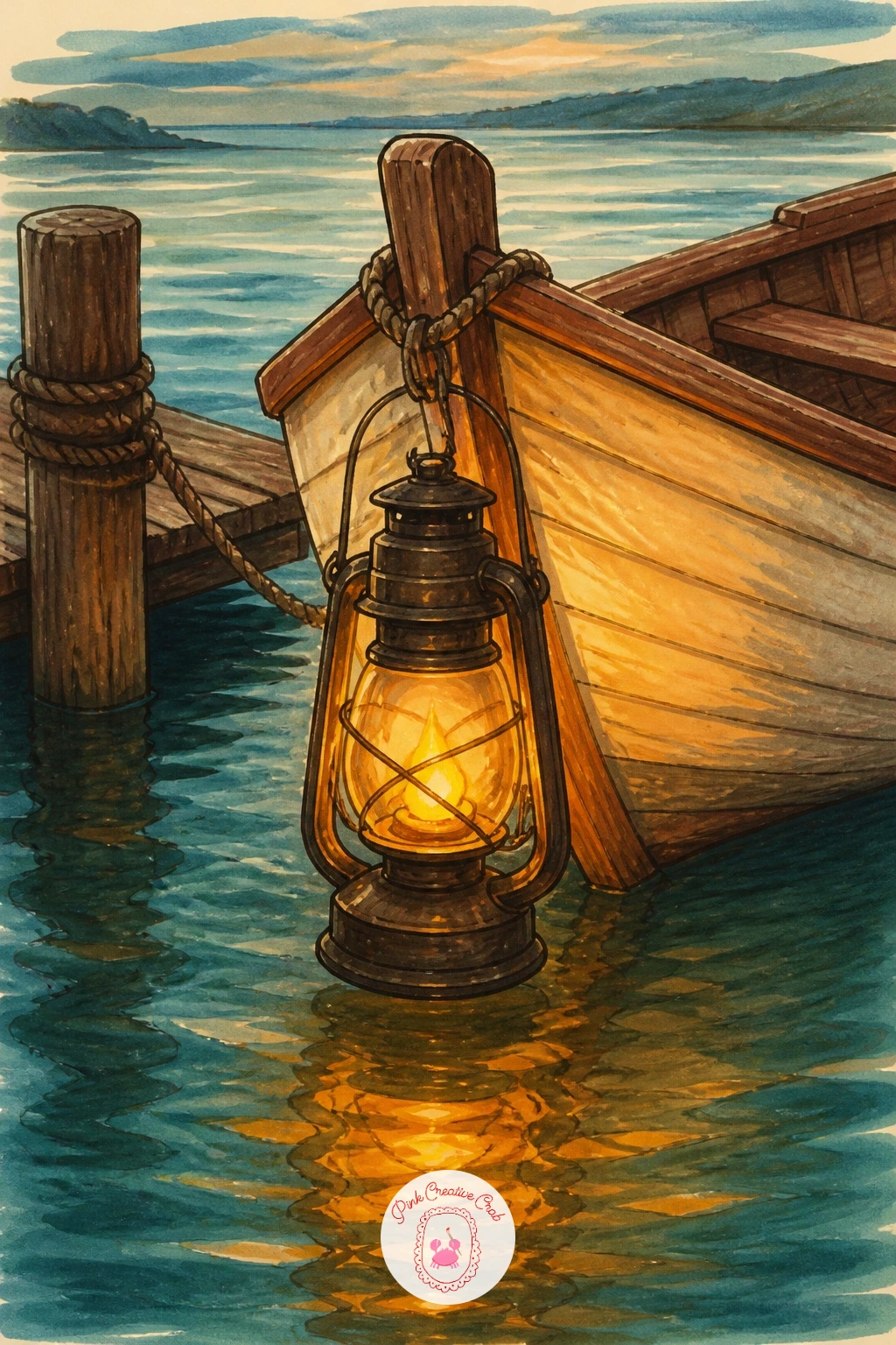 Lantern Hanging in a Boat at the Dock — Take the lantern down to the water now, hung from a small wooden boat tied at the dock. Lantern drawing