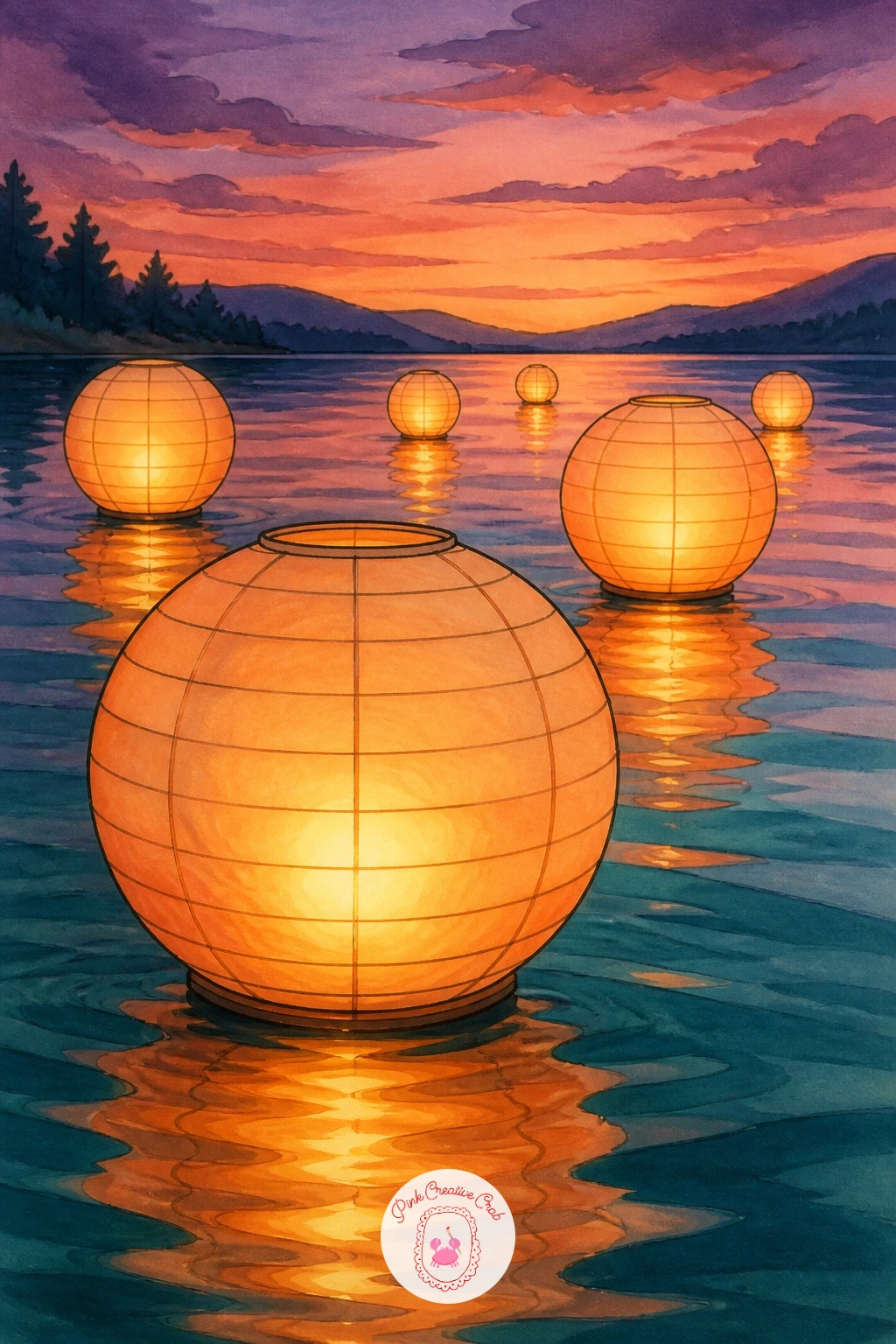 Floating Paper Lanterns on a Lake — Scatter several paper lanterns now, floating on a calm lake at dusk. Lantern drawing