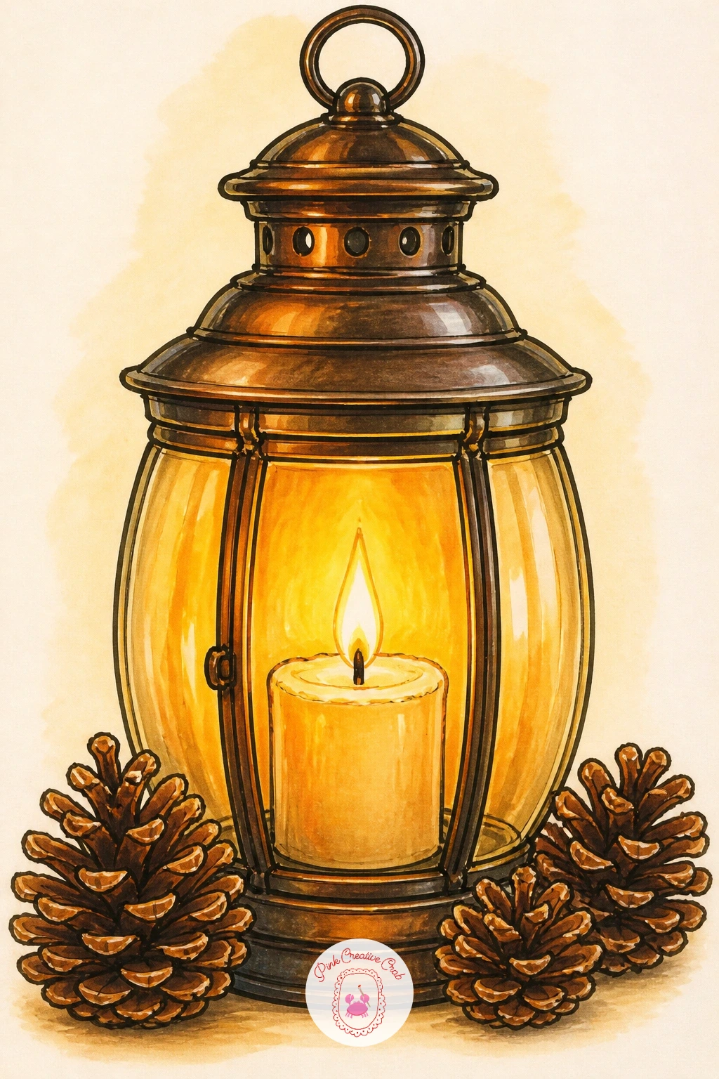 Lantern With a Candle and Pine Cones — Bring the lantern into a quiet still life now, paired with a lit candle and a scatter of pine cones around its base.