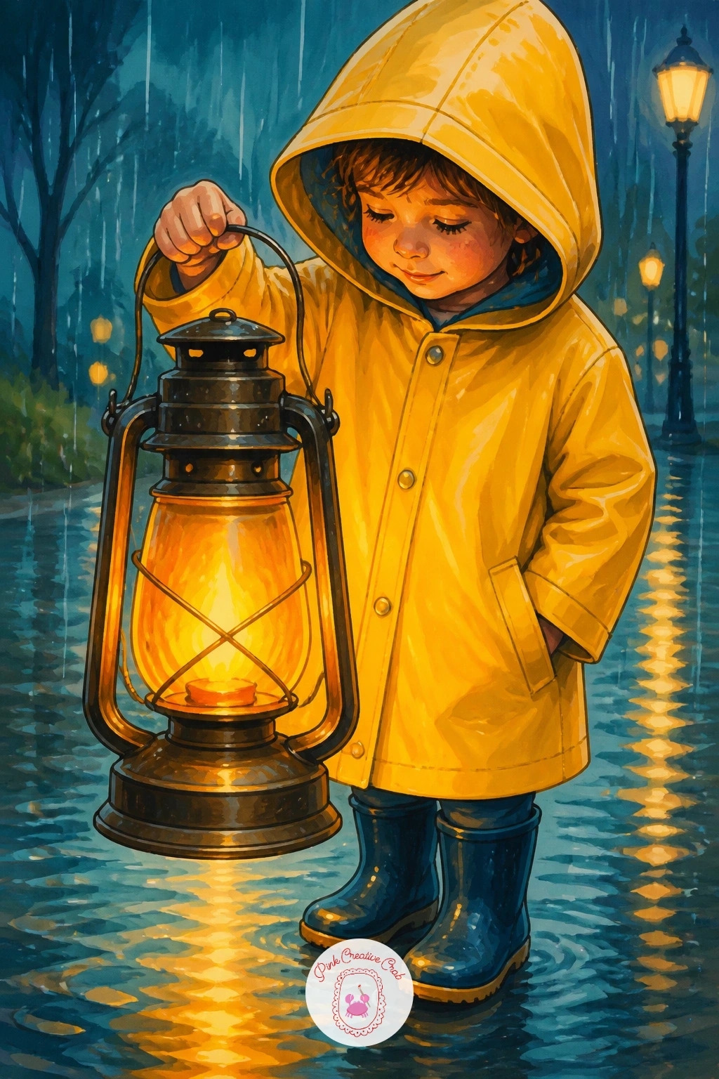 Lantern Held by a Child in a Raincoat — Add a small figure now, a child in a raincoat holding a lantern out in front of them on a damp evening. Lantern drawing