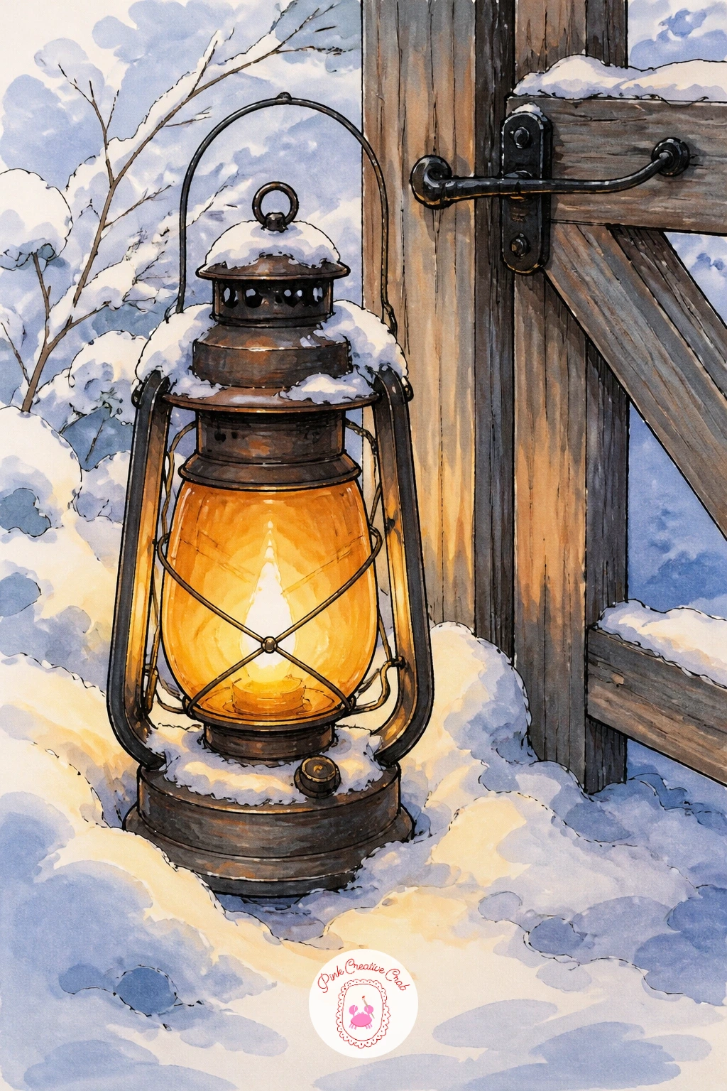 Lantern in the Snow by a Gate — Move the lantern outdoors into winter now, sitting in the snow beside a garden gate. Lantern drawing
