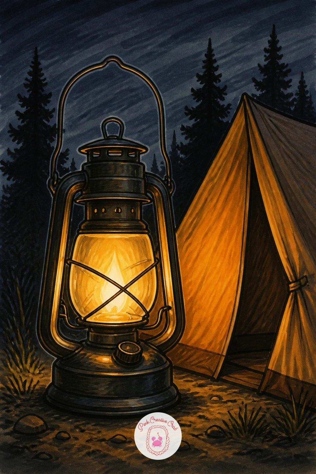 Camping Lantern by a Tent — Carry the lantern into a campsite now, sitting outside a small tent at night. Lantern drawing