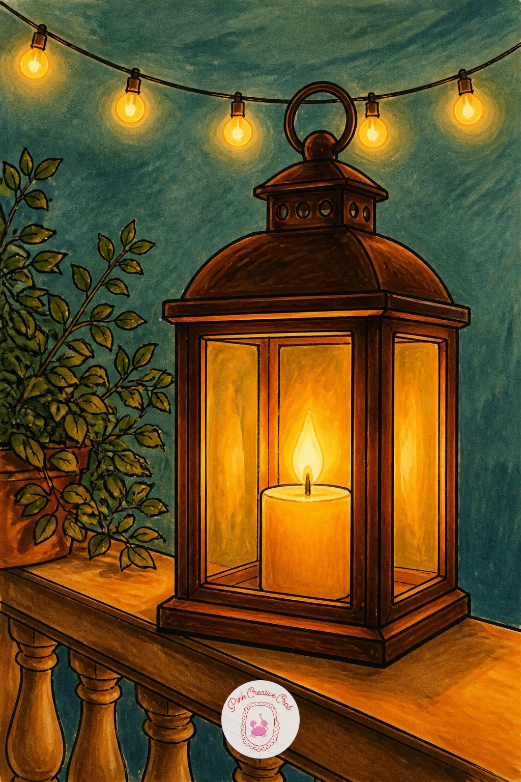 Lantern on a Balcony With String Lights — Take the lantern up to a balcony now, paired with a loose string of lights overhead. Lantern drawing