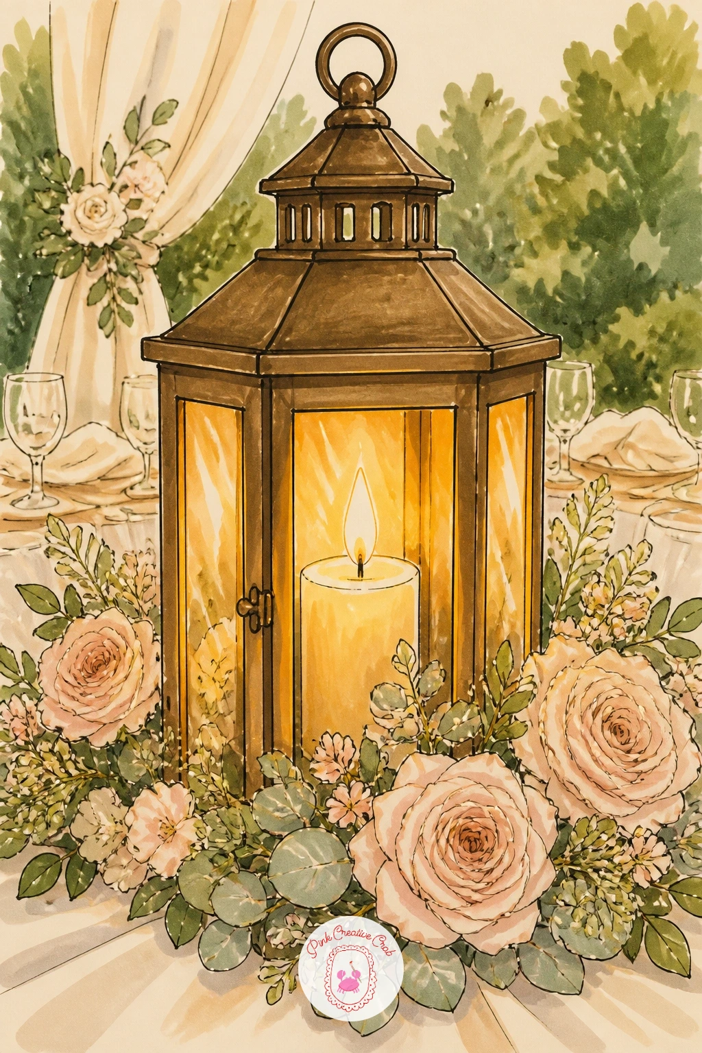 Lantern at a Garden Wedding Table — Set the lantern at the center of a garden wedding table now, a fuller still life with more going on around it. Lantern
