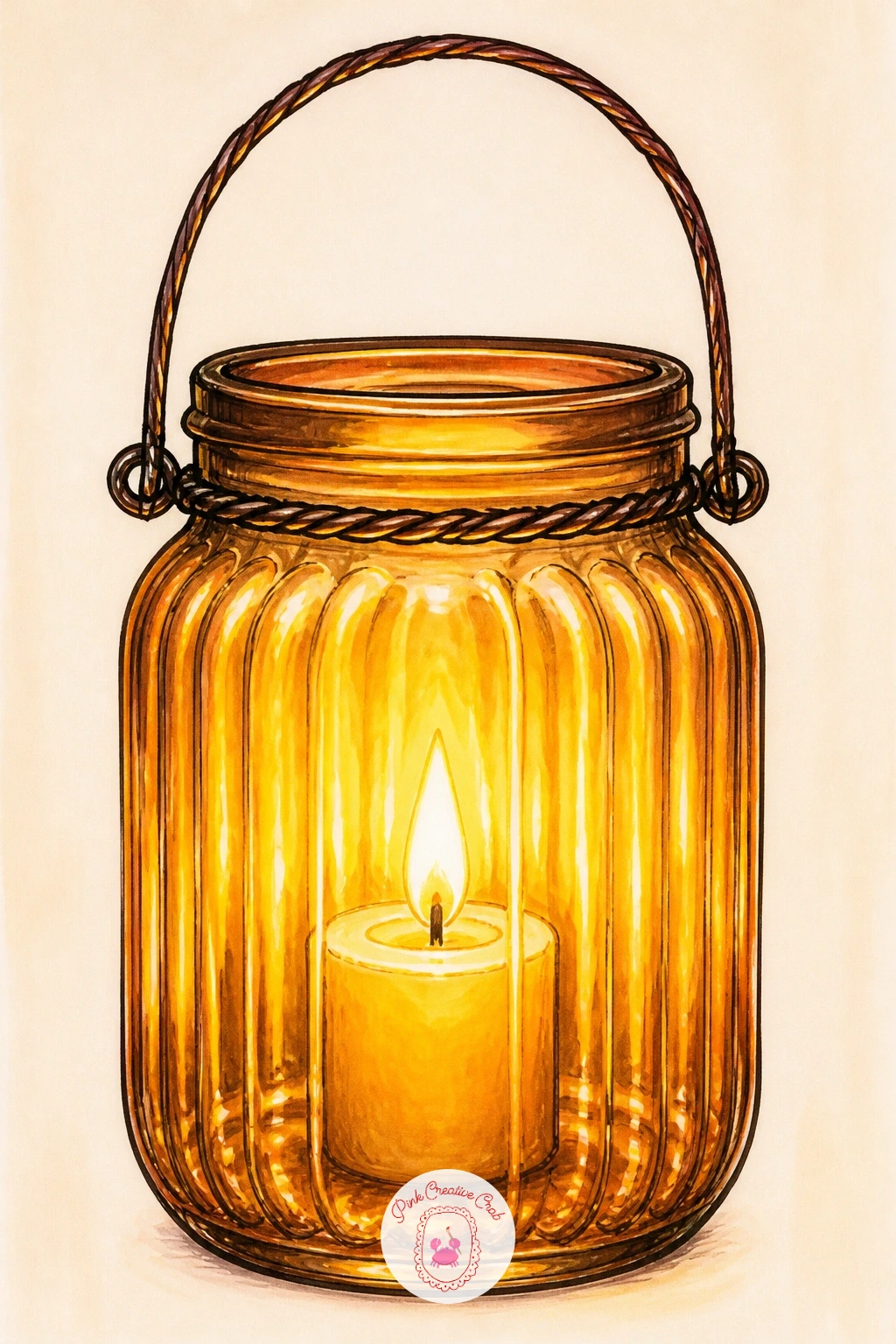Lantern Made From a Mason Jar — Switch to a different kind of lantern now, a simple mason jar fitted with a candle and a wire handle. Lantern drawing